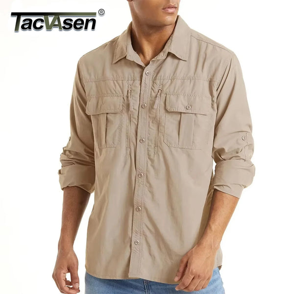 TACVASEN With 2 Chest Zipper Pockets Cargo Shirt Men's Quick Drying Skin Protective Long Sleeve Work Shirt Male Tops Outdoor
