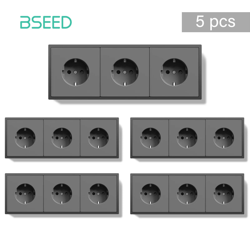 BSEED EU Standard 1/3/5 Pack Triple Wall Electrical Sockets Power Outlets Value Pack White Black Plastic Frame 16A