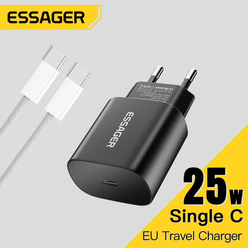 ឆ្នាំងសាក Essager 25W USB C ឈុតឆ្នាំងសាក PD សាកលឿន ឆ្នាំងសាកទូរស័ព្ទរហ័សសម្រាប់ iPhone 16 15 Pro Max Xiaomi Oneplus Xiaomi Samsung