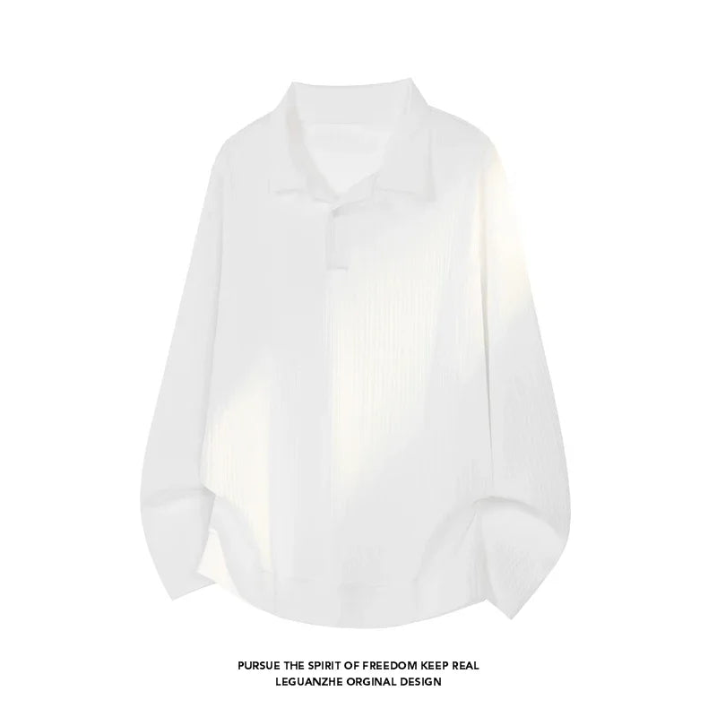 Mens Long Sleeve Lapel Collar Polo Shirt Waffle Knit Soft Fabric Loose Curved Hem Casual Top For Autumn
