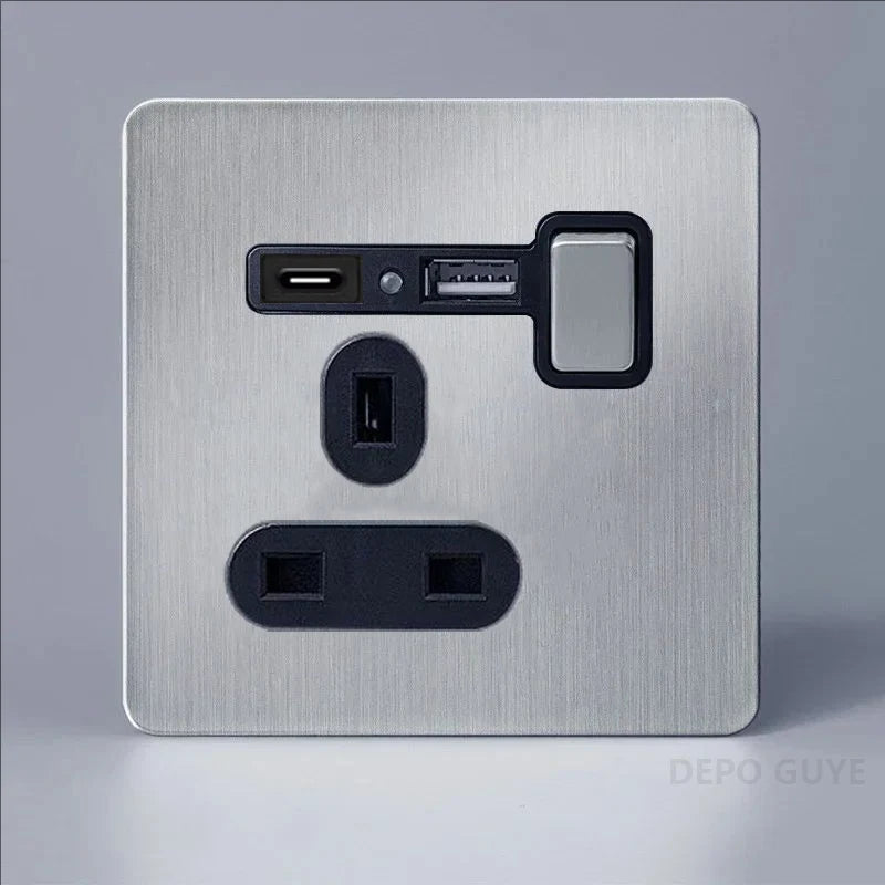Retro EU France Socket Stainless Steel Brushed Double Power Outlet Toggle Metal Lever 1-4 Gang 2Way Wall Light Switch Panel RJ45