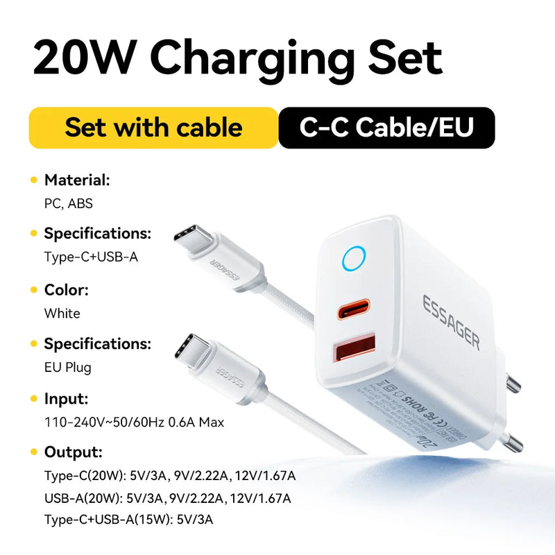 ឧបករណ៍សាកថ្មលឿន Essager PD 20W USB Type C សាកលឿន 4.0 3.0 QC PD សម្រាប់ iPhone 17 16 15 14 13 12 Pro Max ឆ្នាំងសាកទូរស័ព្ទ
