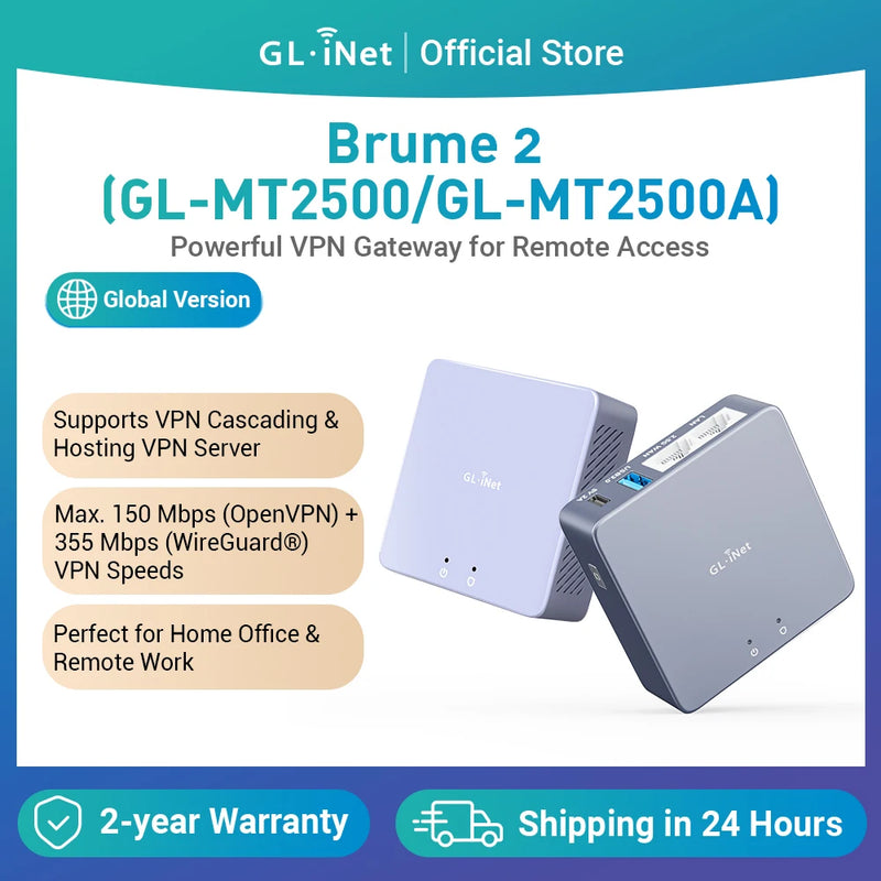 GL-iNET (Brume 2) GL-MT2500/MT2500A ច្រកទ្វារសុវត្ថិភាព VPN ខ្នាតតូចសម្រាប់ការិយាល័យនៅផ្ទះ និងការងារពីចម្ងាយ សុវត្ថិភាពអ៊ីនធឺណិត WAN 2.5G