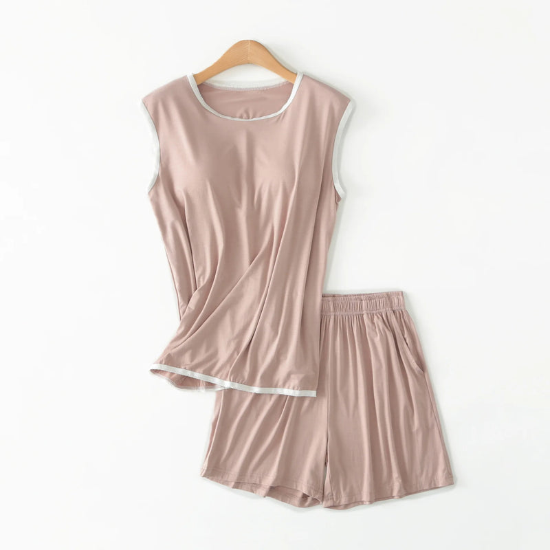 ឈុត Pijama Feminino ថ្មី អាវកាក់គ្មានដៃ ខោខ្លី ឈុតគេងធម្មតា សម្រាប់ស្ត្រី ឈុតគេងសម្រាប់ស្ត្រី ឈុតគេងសម្រាប់ស្ត្រី