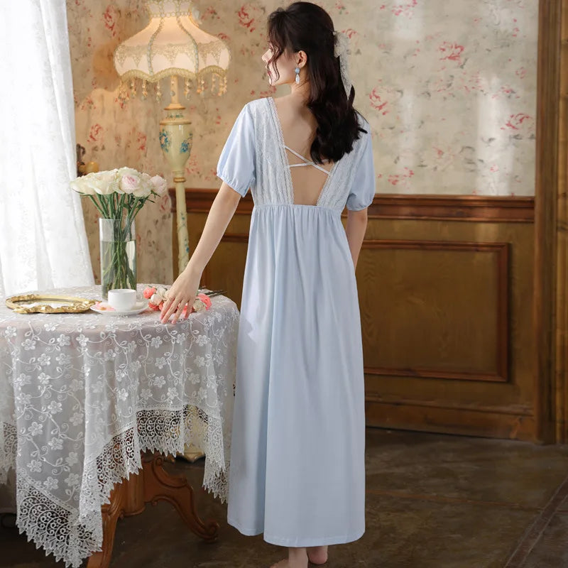 Palace Style Short Sleeved Night Wear For Women Summer Nightdress Cotton Lace Princess V-Neck Nightgowns Loose Home Clothes