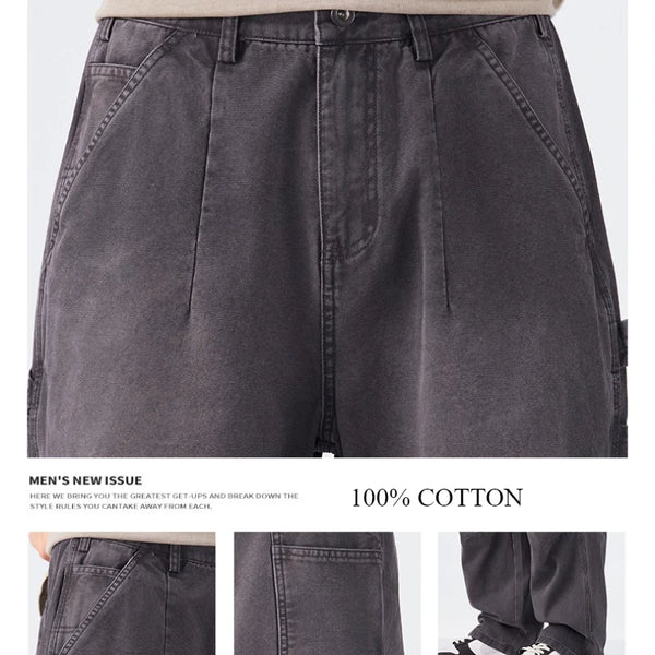 Spring Autumn Vintage Washed 100% Cotton Straight Jeans for Men Clothing Zipper Solid Color Trousers LX5039