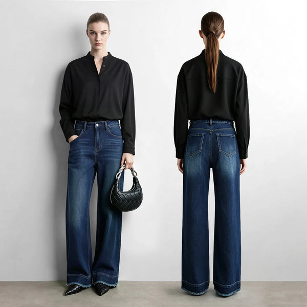 Amii Flare Jeans Cotton Denim Style Raw Hem Loose Women Casual Long Denim Trousers Denim Blue Autumn 2026 Woman Pants 12643088
