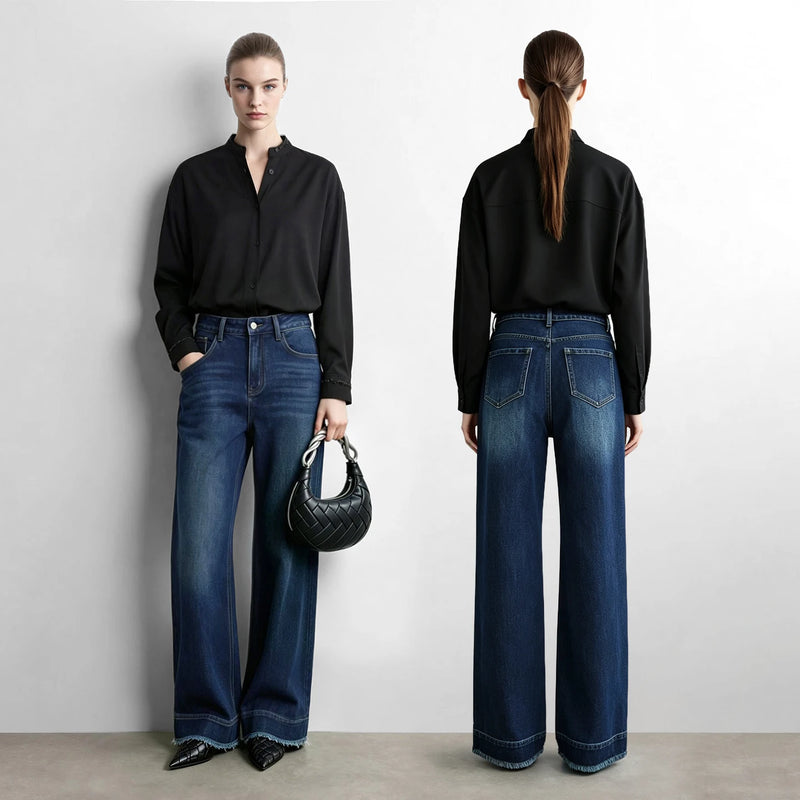 Amii Flare Jeans Cotton Denim Style Raw Hem Loose Women Casual Long Denim Trousers Denim Blue Autumn 2026 Woman Pants 12643088