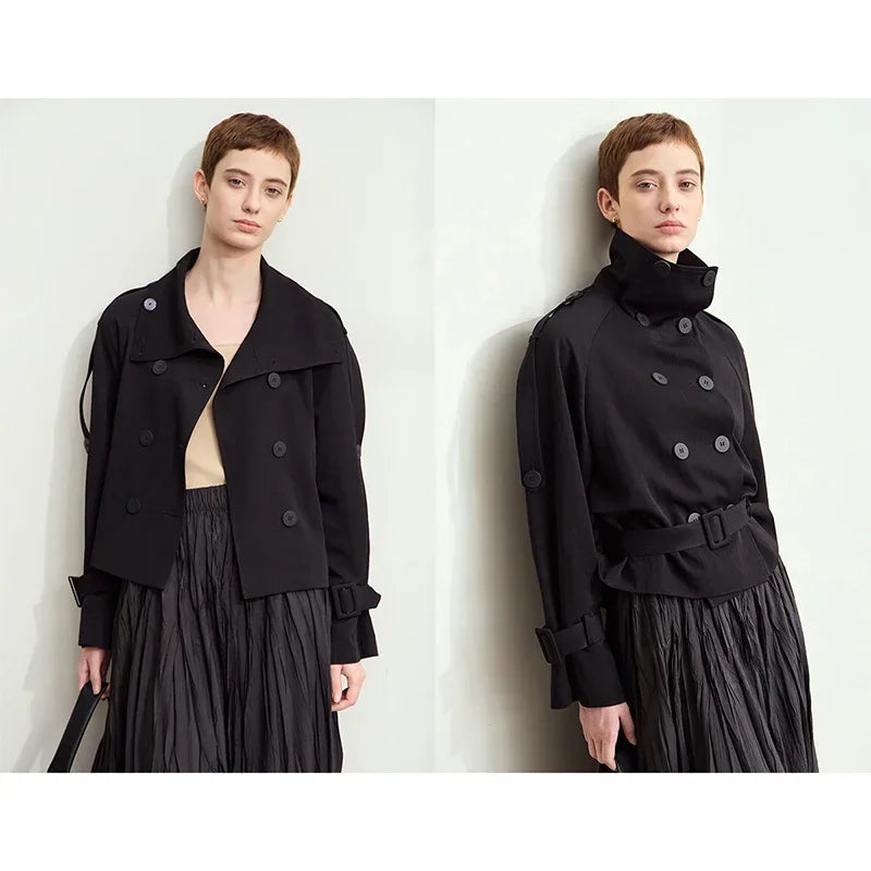 Amii Minimalism Short Trench Coat Women 2026 Autumn New Turtleneck Lapel Double Breasted With Belt Trendy Loose Jackets 12443105