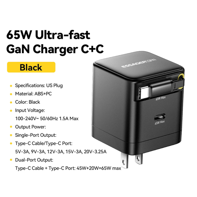ឆ្នាំងសាក Essager 65W GaN ជាមួយខ្សែរ PD សាកថ្មលឿនសម្រាប់កុំព្យូទ័រយួរដៃ Macbook iPhone 16 15 14 Xiaomi Type-C ឆ្នាំងសាកទូរស័ព្ទ