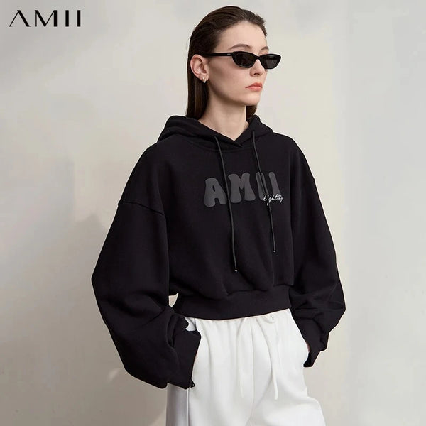 AMI Hoodies Woman 2026 Autumn New Casual Cotton Hooded Top Female Long Sleeves Versatile Knit Short Woman Sweatshirts 12543037