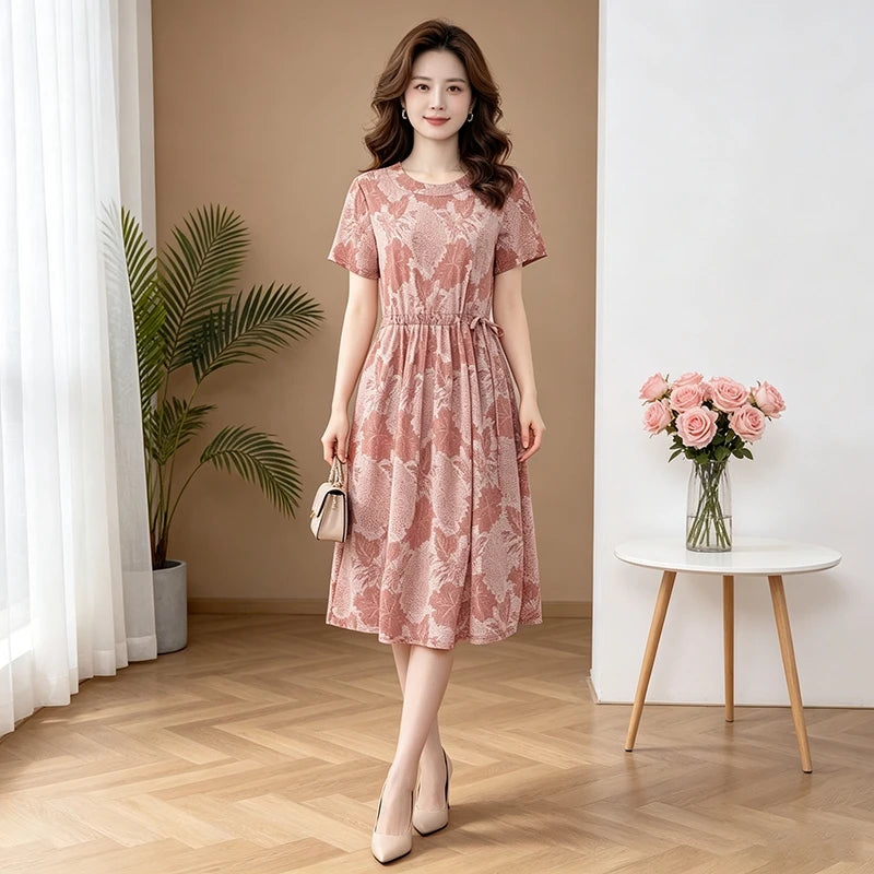 រ៉ូប ផ្កា បោះពុម្ព បែប វីនថេច សម្រាប់ នារី រលុង ស្ដើង ទាន់សម័យ បែប ម្តាយ ធម្មតា ដៃខ្លី ប្រវែងមធ្យម