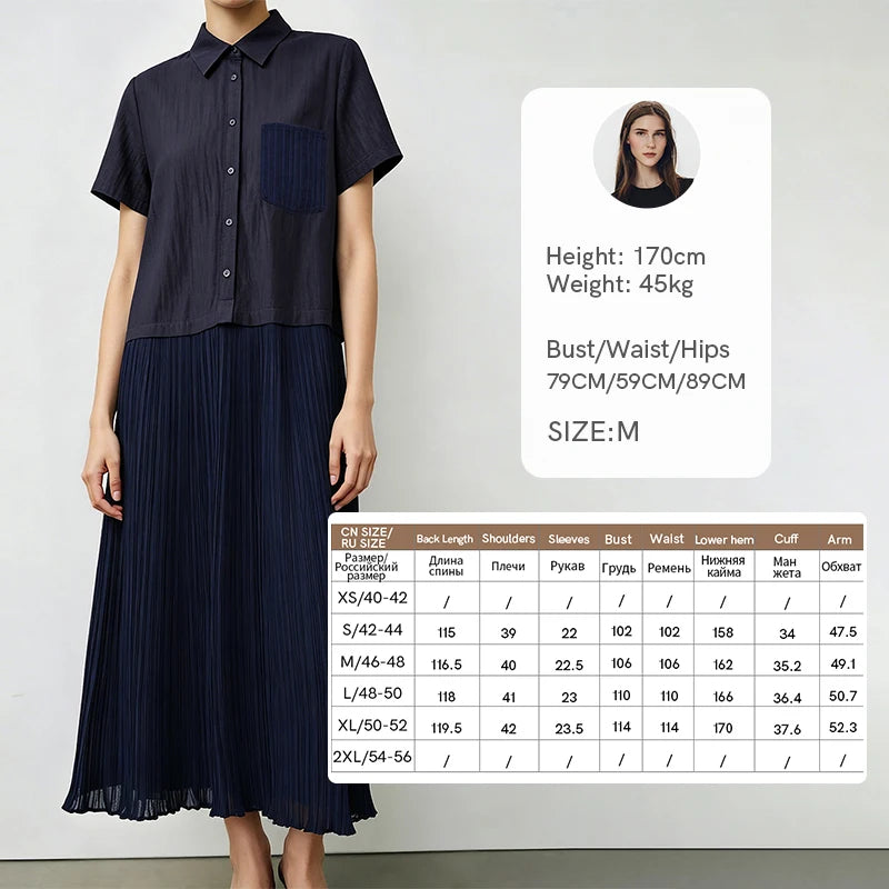 Amii Women's Dress 2026 Summer New Lapel Collar Half Placket Casual Short Sleeve Patchwork Shirred Midi Dress for Women 12652064
