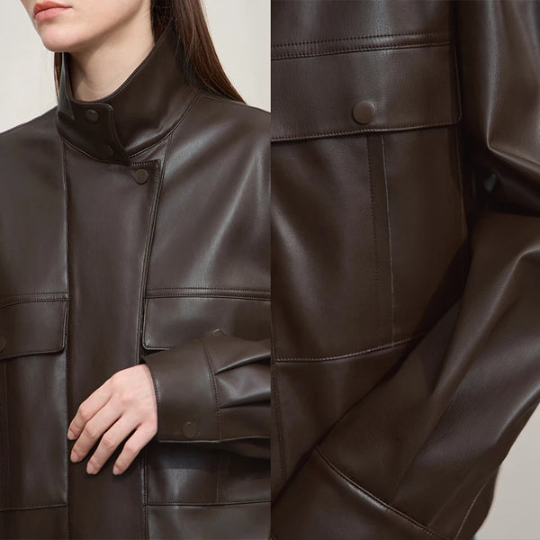 Amii Coat for Woman 2025 Autumn New Retro Modern Lapel Leather Jacket Women's Loose Long Sleeve Women's Leather Jacket 12543111