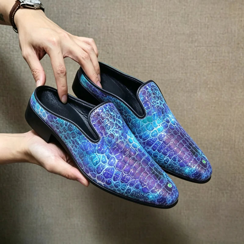 Men's Patent Leather Mule Loafers Backless Slip on Dress Shoes Low Block Heel Pointed Toe Slippers Party Wedding Formal Footwear