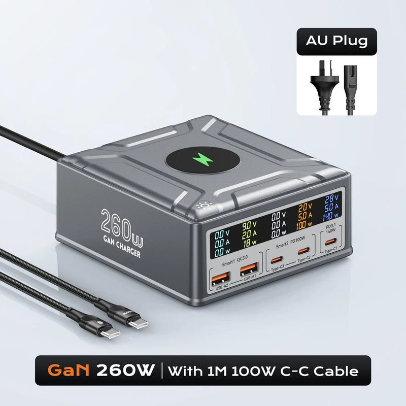 ឆ្នាំងសាកឥតខ្សែ USB C GaN 260W QC3.0 PD3.1 ស្ថានីយសាកថ្មលឿន PPS 140W សម្រាប់ iPhone 16 15 MacBook Pro Samsung Laptop ឆ្នាំងសាកឥតខ្សែ