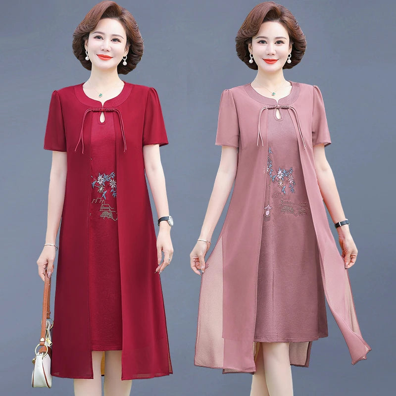 រ៉ូបប៉ាក់ chiffon ម៉ូដរដូវក្តៅសម្រាប់ស្ត្រីអាយុ ៤០ ឆ្នាំ និង ៥០ ឆ្នាំ រចនាប័ទ្មរដូវក្តៅ សំពត់ពោះថ្លៃថ្នូរបែប Retro