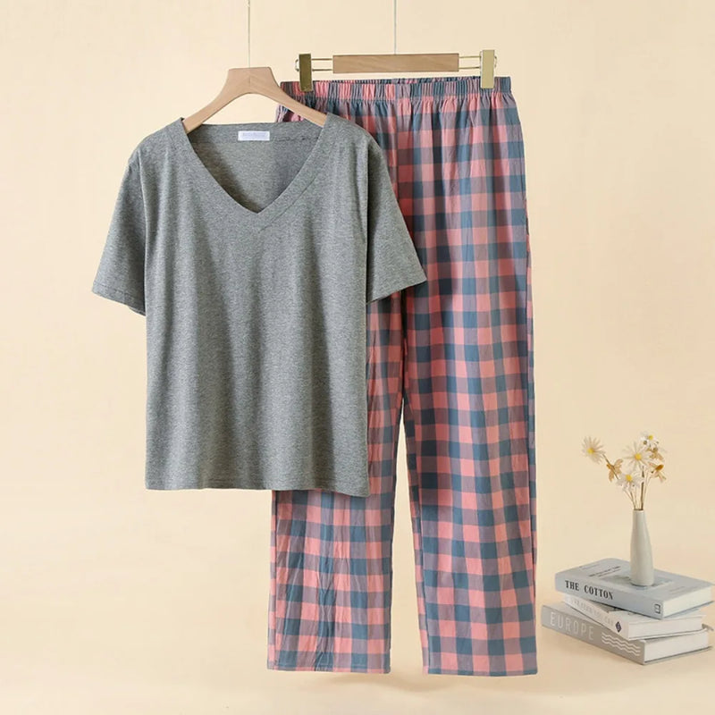 Summer Pajamas for Women V-neck Top and Trousers 2-piece Short Sleeve Homewear Set Women's Sleepwear Home Clothing Loungewear