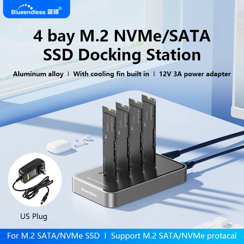 ស្ថានីយ ចត SSD ទំហំ 4 ច្រក Blueendless ប្រភេទ C USB3.1 10Gbps M2 NVMe PCIe SATA NGFF ស្រោម SSD អាលុយមីញ៉ូម