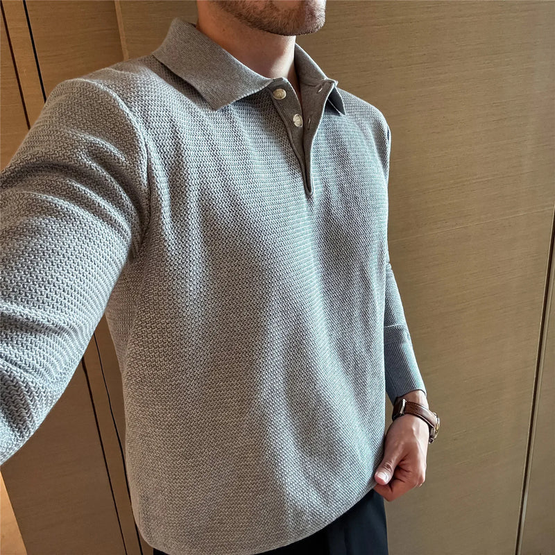 Men's Wool Blend Sweater, Polo Collar Shell Buttons, Old Money Style, Light Beige Gray