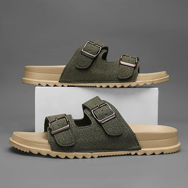 Summer Mens Microfiber Leather Slides Slippers With Adjustable Buckle Sandals Lightweight Anti Slip Slippers Cheap