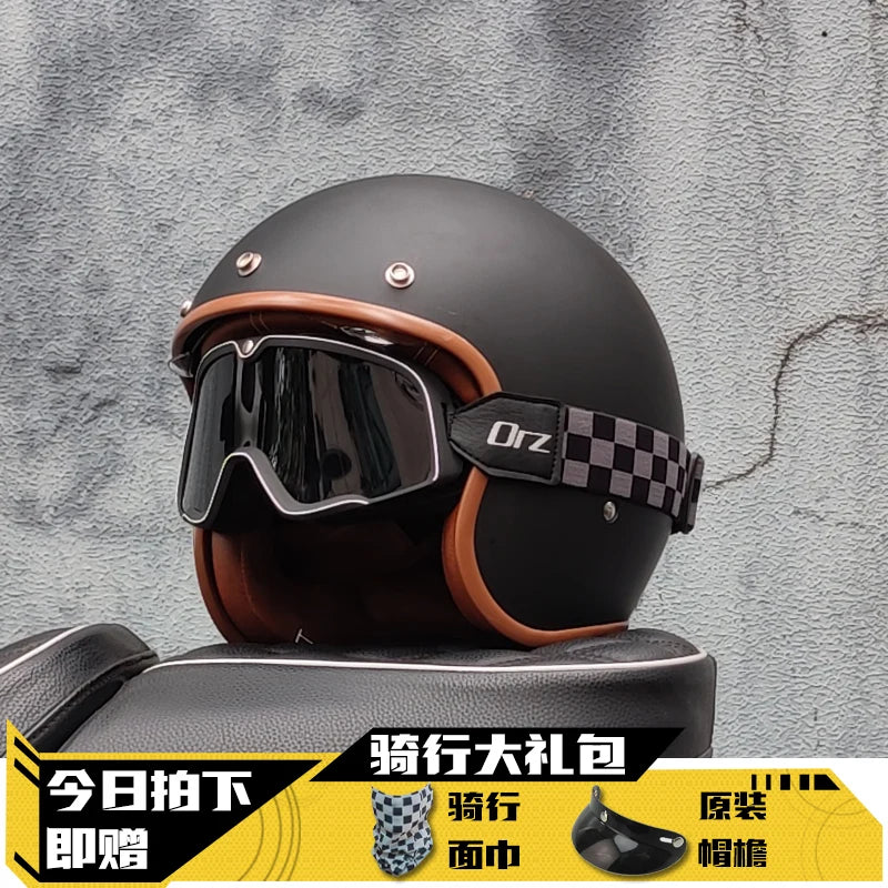 Retro 3/4 Open‑Face Helmet Vintage Jet Motorcycle Helmet,Half Helmet for Men Women Scooter Cruiser Riding Casco Para Moto