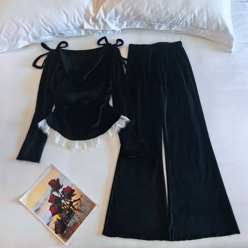 Korean Women Winter Sleepwear Set New Chest Pad Top Pant Suit Lounge Home Pajama Island Velvet Sleeping Clothes Pyjamas Femme