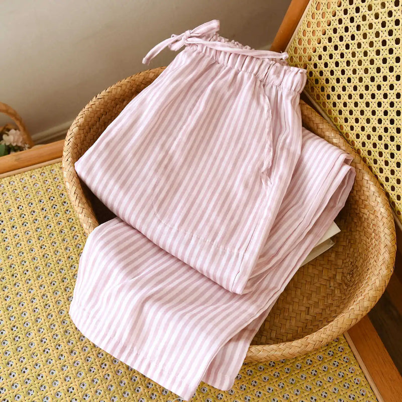Loose Long Trousers Multi Colors Women's Spring Autumn Striped Printed Thin Pajama Pants Double Layer Gauze Cotton Homewear