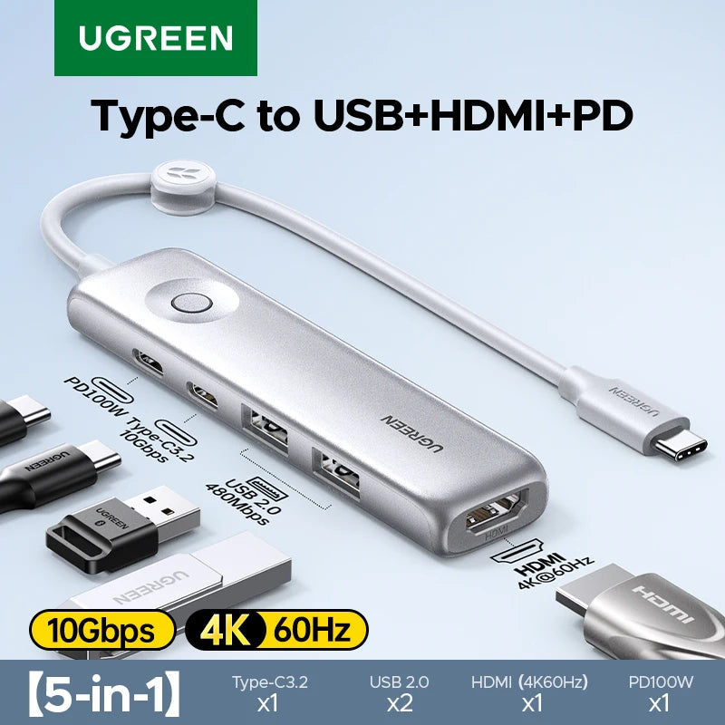 UGREEN 5-in-1 USB-C HUB USB3.2 Gen2 10Gbps Data Transfer Type-C to 4K60Hz HDMI USB2.0 Ports PD100W for Laptop MacBook HP Dell