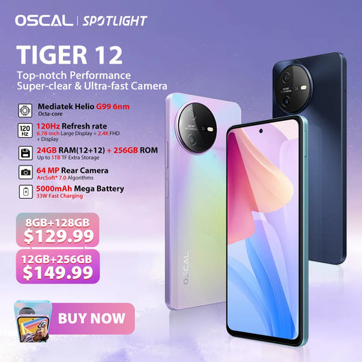 [World Premiere] OSCAL TIGER 12 Android13 MTK Helio G99 6.78'' 120Hz 2.4K Display 24GB(12+12) 256GB 64MP 5000mAh Battery NFC