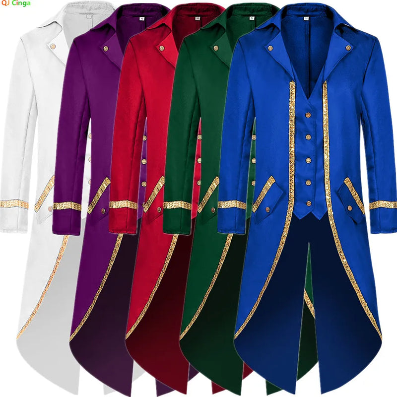 Blue Men's Halloween Trench Coat, Gold-trimmed Tailcoat with Patchwork Detailing, Medieval Mid-length Jacket, Punk-style Tops