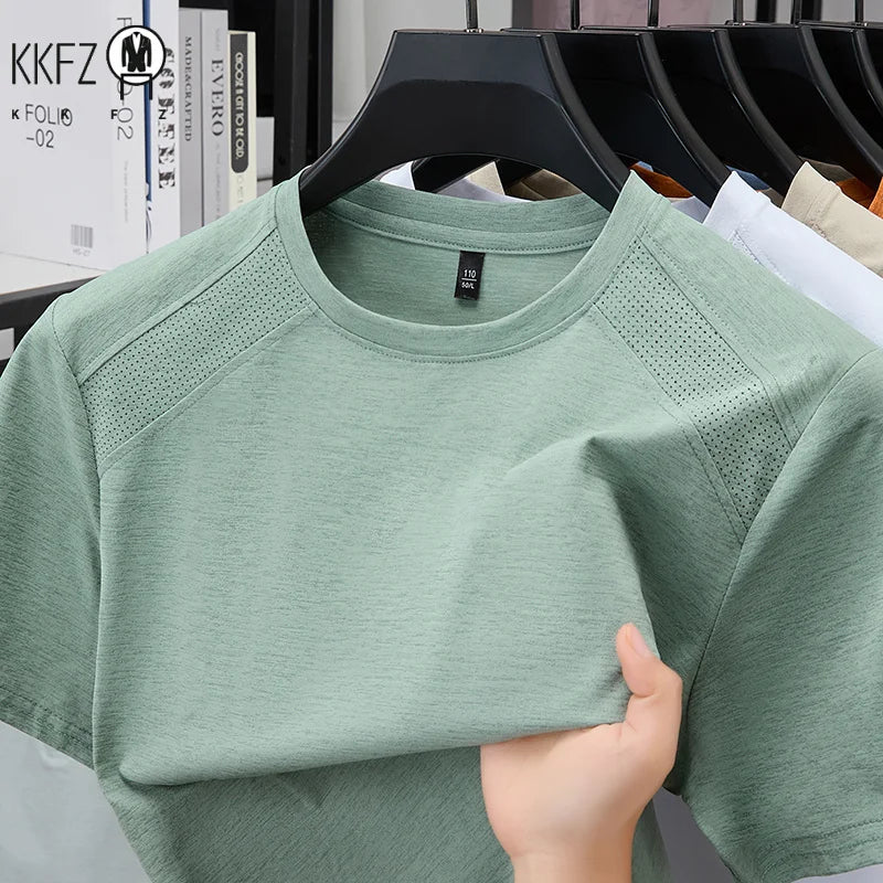 All Season Basic Solid Male Short Sleeve T Shirt Mesh Spliced Shoulder Home Rest Daily Commute Leisure Garment
