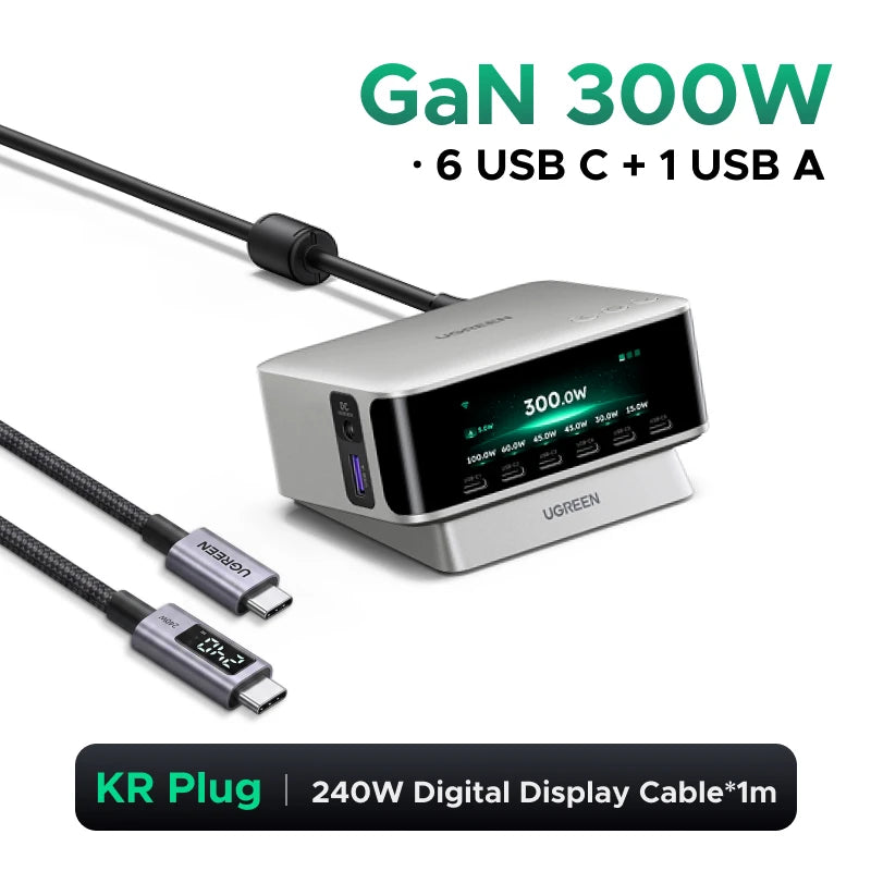 UGREEN 300W GaN Charger With Smart Display PD 3.1 7 IN 1 Desktop Charging Station For MacBook Air Pro Laptop iPhone Samsung iPad