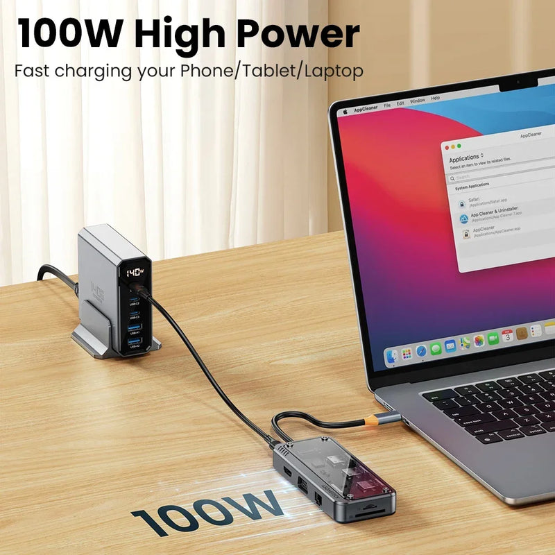 10 ក្នុង 1 Hub Usb 3.0 ប្រភេទ C ទៅ HDMI-Compatible 4K 30Hz Docking Station PD 100W Usb Splitter សម្រាប់ Macbook Air Laptop Pc Accessories