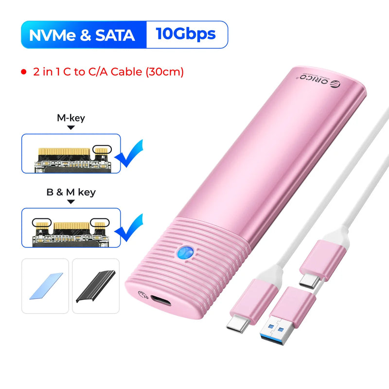 ORICO M2 NVMe SSD Enclosure 10Gbps PCIe M.2 NVMe SATA SSD Case Portable USB C 3.2Gen2 Tool Free External Adapter with Metal Heat