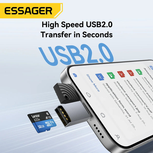 ឧបករណ៍អានកាត Essager 2 ក្នុង 1 ប្រភេទ C និង USB2.0 ទៅឧបករណ៍កាតមេម៉ូរី Micro SD/TF ឧបករណ៍អានកាតល្បឿនលឿនសម្រាប់ទូរស័ព្ទកុំព្យូទ័រយួរដៃគ្រឿងបន្លាស់