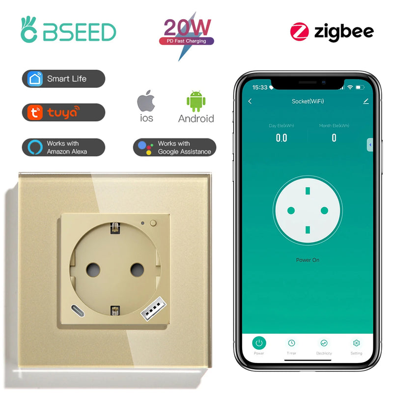 BSEED Zigbee Smart Socket 20W Fast Charge USB Type-C Phone Charge Port Glass Panel Tuya Google Home Alexa Control
