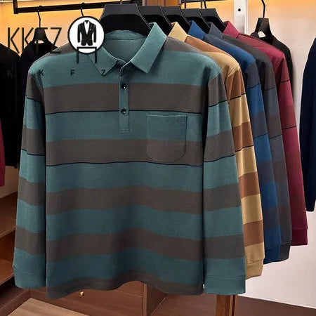 Mens Relaxed Lapel Polo Shirt Long Sleeve Horizontal Stripes Button Placket Casual Street Daily Fashion Outfit