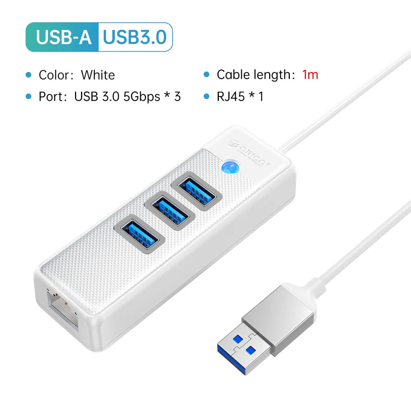 ORICO 3 Ports 5Gbps USB 3.0 RJ45 HUB 1000Mbps Ethernet Lan Adapter Gigabit Network Card For MacBook Laptop Computer Accessories