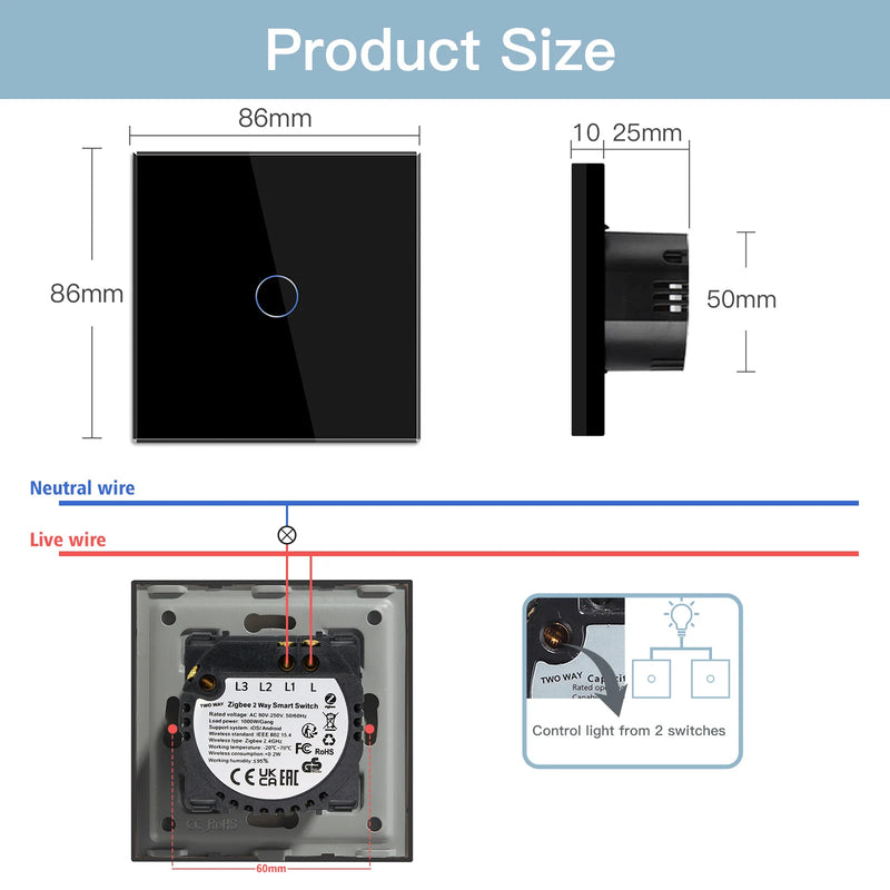 BSEED 1/2/3Gang Smart Zigbee Touch Light Switch 2-Way Control Compatible with Alexa/Google Home No Neutral Wire Touch Switch