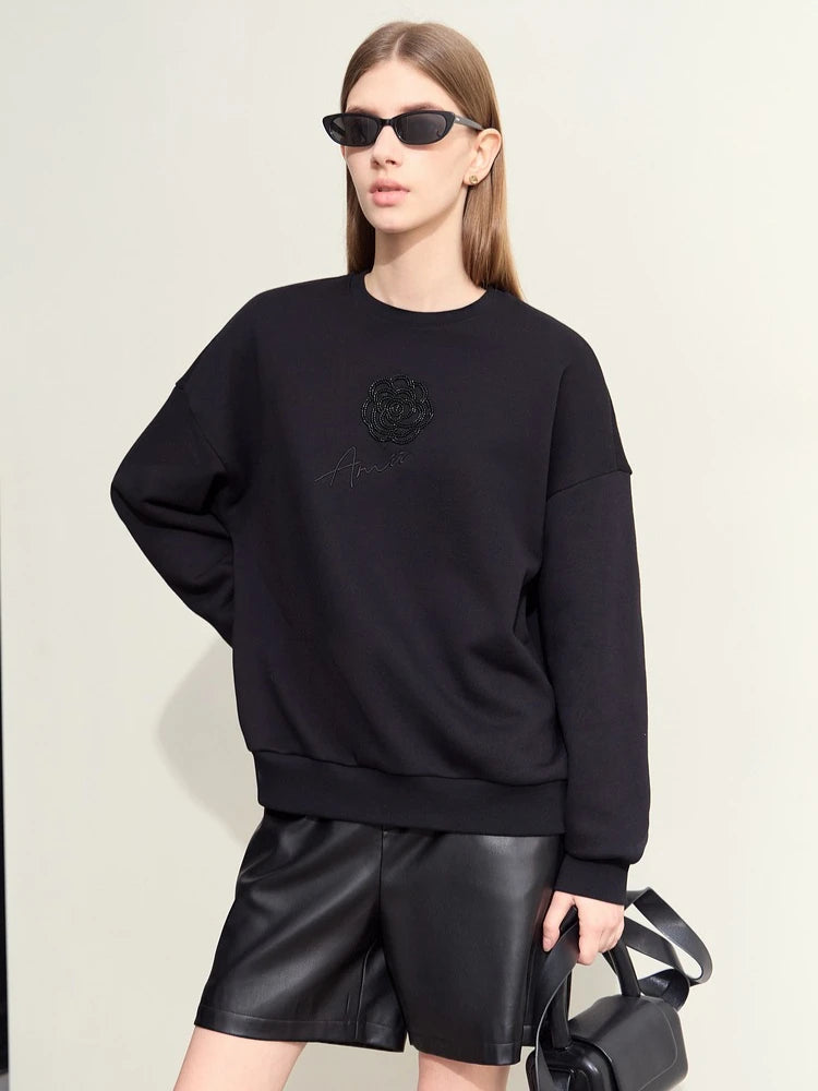 Amii Minimalism 2026 New Autumn Cotton Brushed Sweatshirt For Women O-neck Rose Embroidery Drop Sleeve Trendy Pullovers 12413003