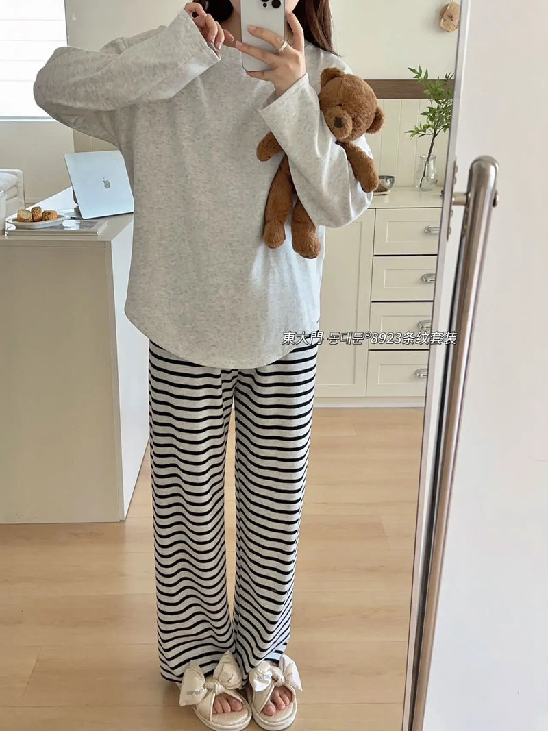 Casual Striped Long Sleeve Pant Suit Velvet Fleece Warm Sleepwear Women's Pajamas Autumn Winter Home Clothes Pyjamas d'hiver