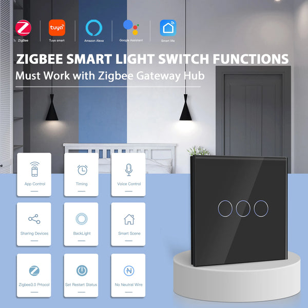 BSEED កុងតាក់ភ្លើងឆ្លាតវៃ Zigbee 1/2/3Gang ដែលអាចបញ្ជាបាន 2 ផ្លូវ ឆបគ្នាជាមួយ Alexa/Google Home ដោយមិនចាំបាច់ប្រើខ្សែអព្យាក្រឹត