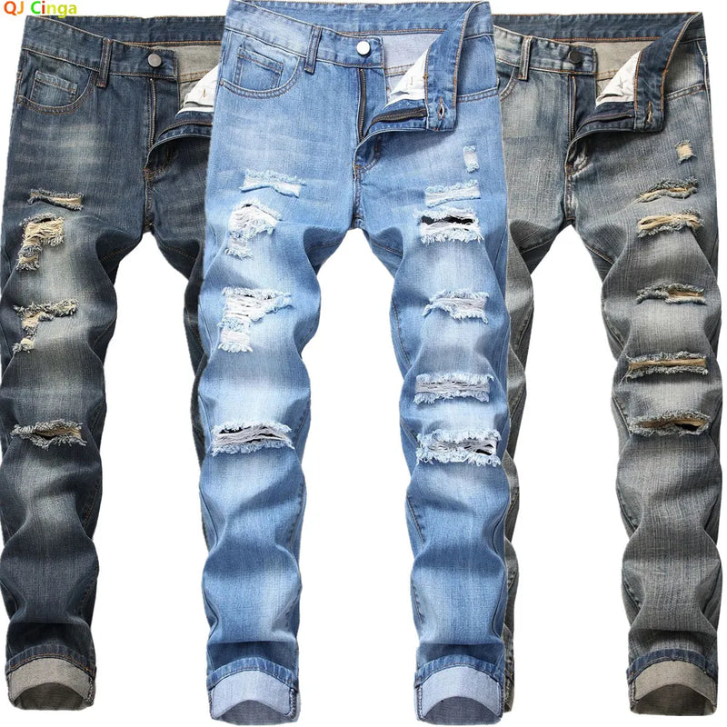 New Spring 2027 Men's Ripped Jeans, Blue Denim Pants for Summer and Fall, Asian Sizes 28–42.