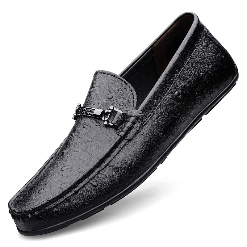 Men's Ostrich Embossed Loafers, PU Leather Slip On Driving Shoes with Metal Buckle, Orange/White/Black Casual Shoes