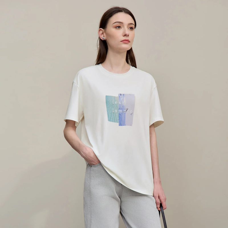 Amii Women's Tee Shirt 2026 Summer New O-Neck Printed Embroidered Cotton T-shirt Drop Shoulder Short Sleeve Elastic Top 12642009