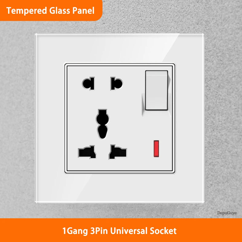 White Universal UK 13A Socket with USB Type-C 18W Fast Charging Wall Socket,Tempered Glass Button Light Switch,Dual 3pin Socket