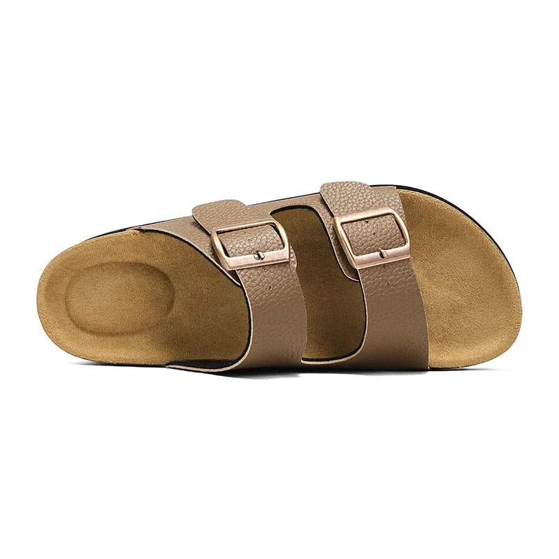 Men's Adjustable Double Buckle Cork Footbed Slide Sandals Casual Leather Open Toe Flat Slip on Summer Walking Beach Slide Shoes