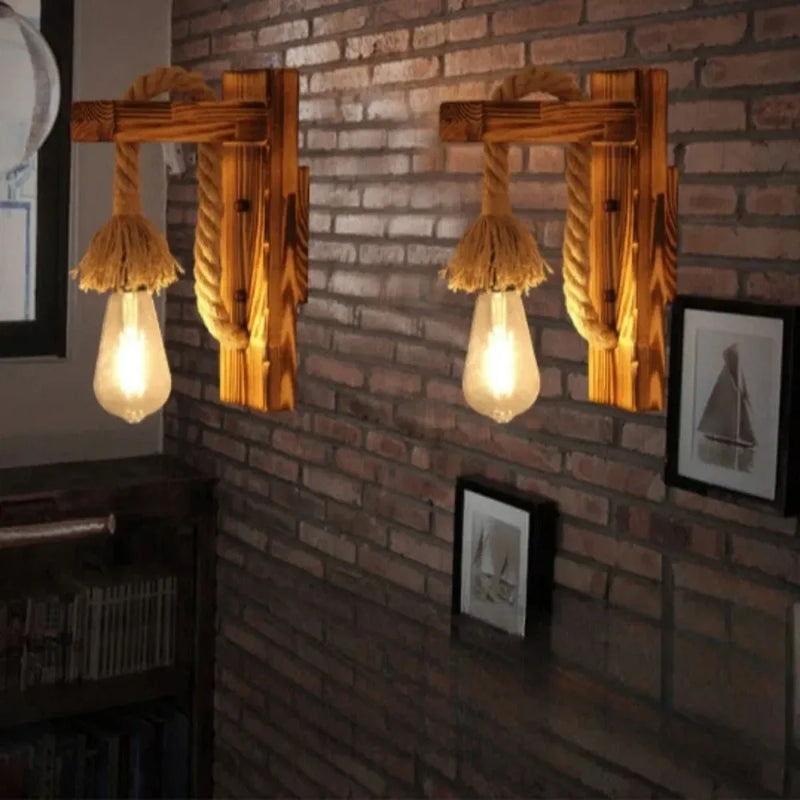 JOYINLED Vintage Country Single-head Pendant Light Wooden Hemp Rope Design Wall Lamp for Hallway Dining Room Bar Bedroom