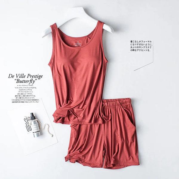 ឈុតអាវទ្រនាប់ Modal Cup Bra Pad Strap Tank Top Set Two Pieces Pajamas Women Comfort Sleepwear Short Suit Summer Lounge Wear Pijama Mujer